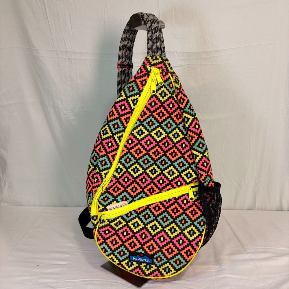 KAVU Rope Sling Bag Neon Geometric Crossbody Backpack Multicolor Diamond